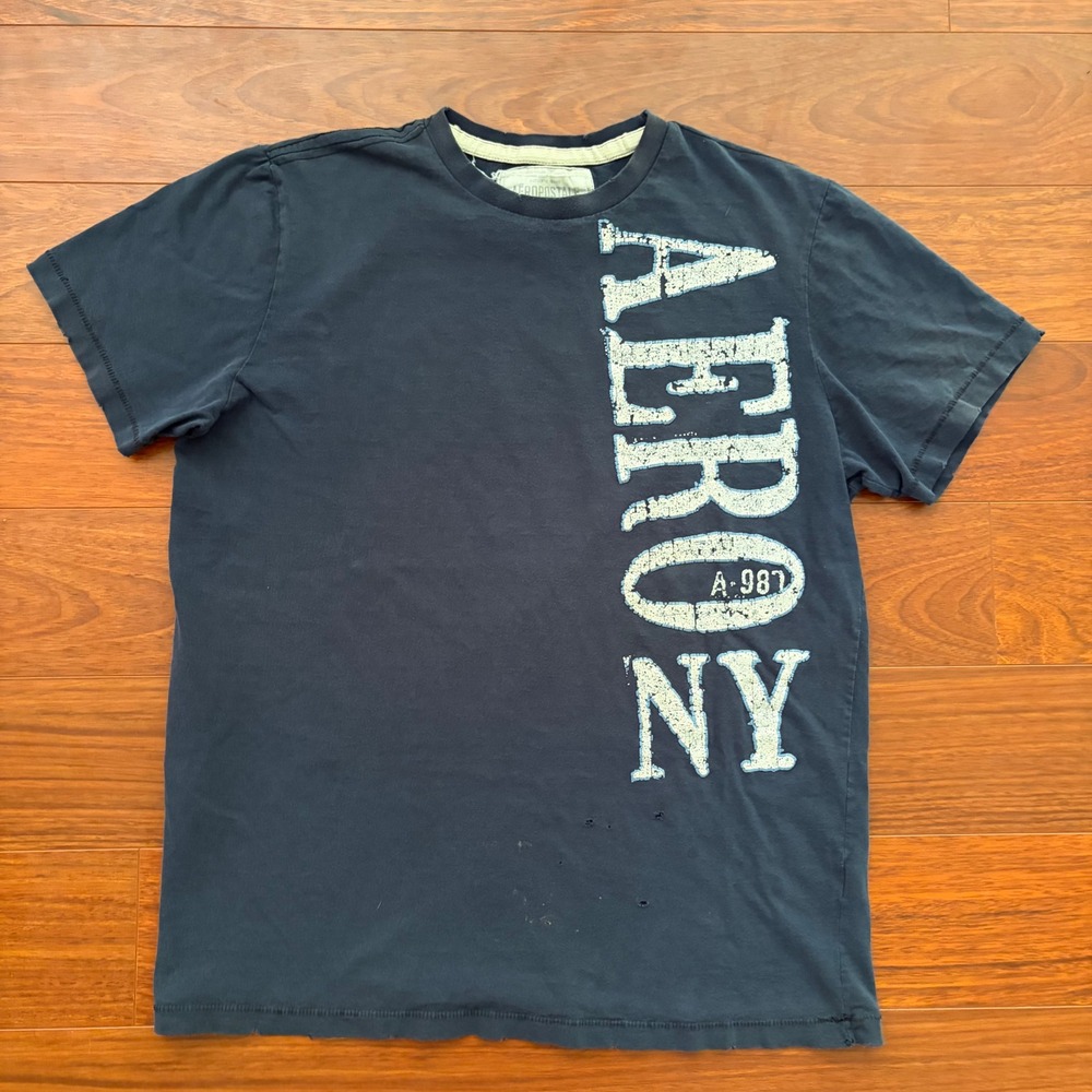 Aeropostale Mens T-Shirt Large Blue Distressed Graphic AERO NY Short Sleeve Tee